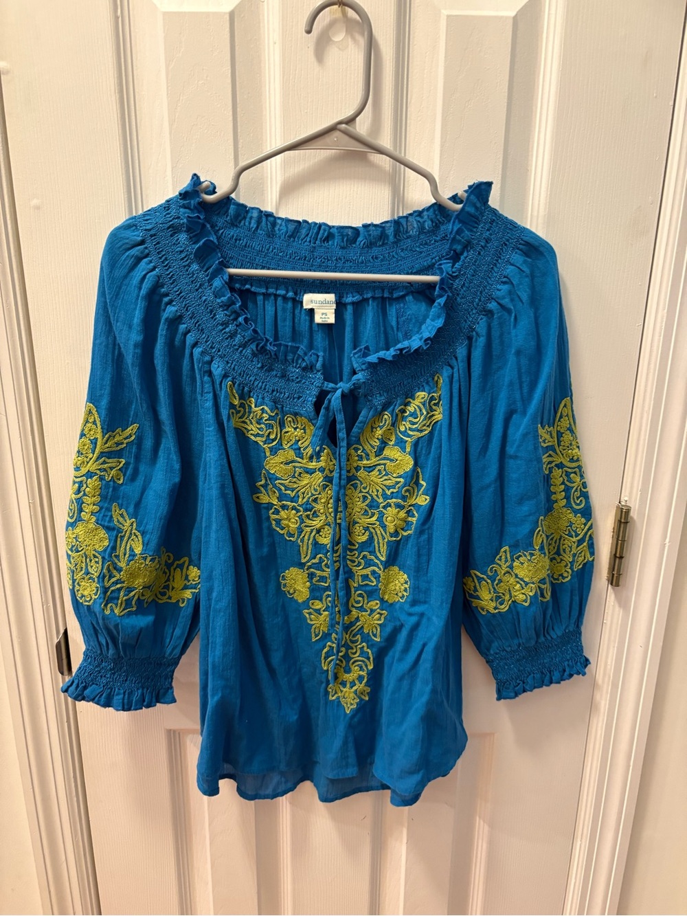 Blue Embroidered Blouse with Yellow Accents